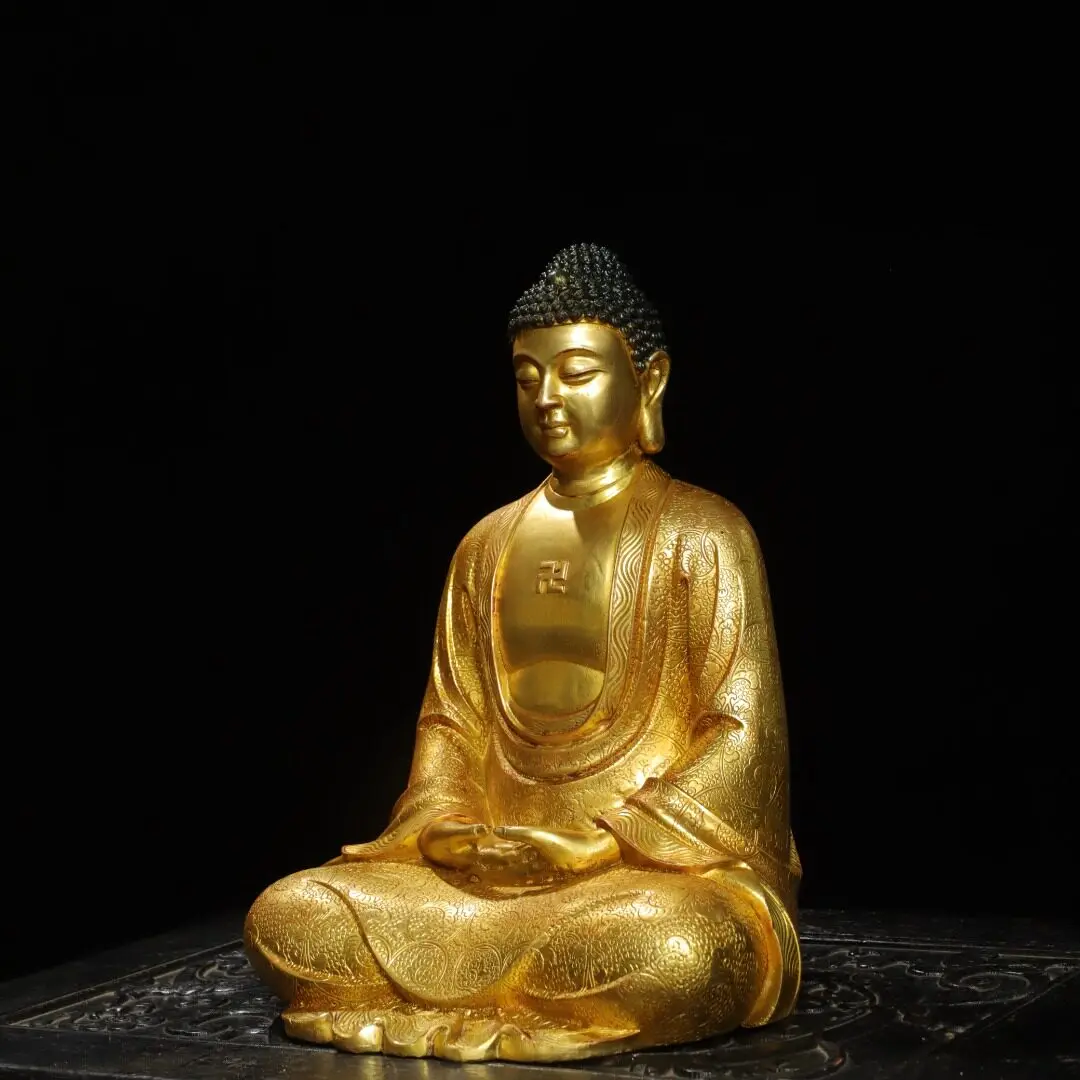 Tibetan brass gilt antique Sakyamuni Buddha statue ornament Home hall desk supplies 24cm