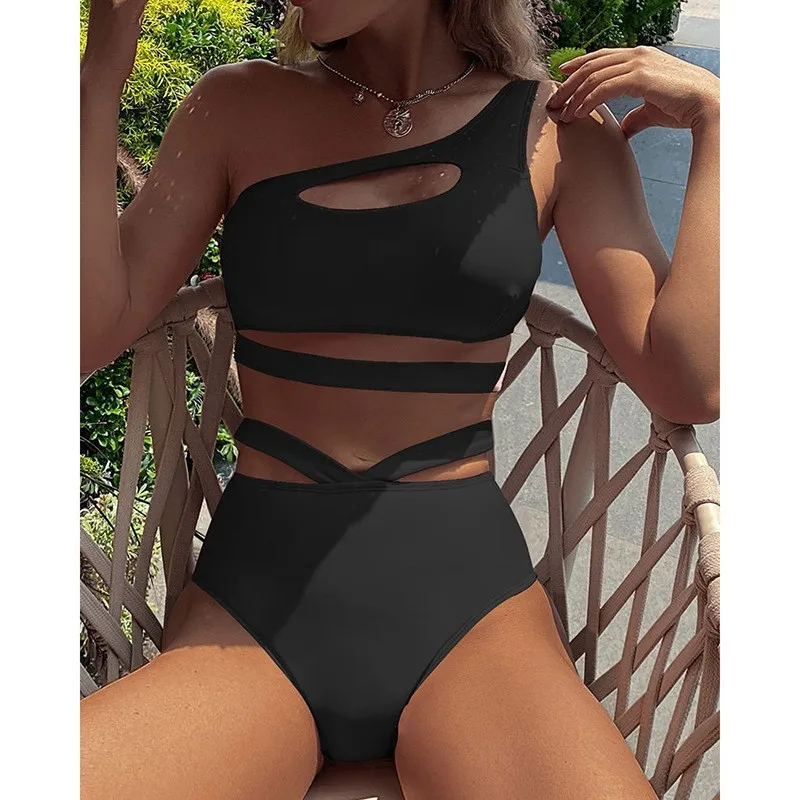 Cikini-Solid One Shoulder Bikini for Female, Stray, Split Swimsuit, Sexy High Waist, G-string Swimwear, Bathing Suit