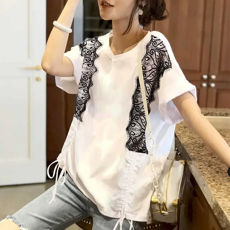 

Футболка из 100% хлопка, свободная футболка с короткими рукавами, женская кружевная строчка, дизайн Sense Niche, популярный топ, женская футболка, новинка лета 2023 г.