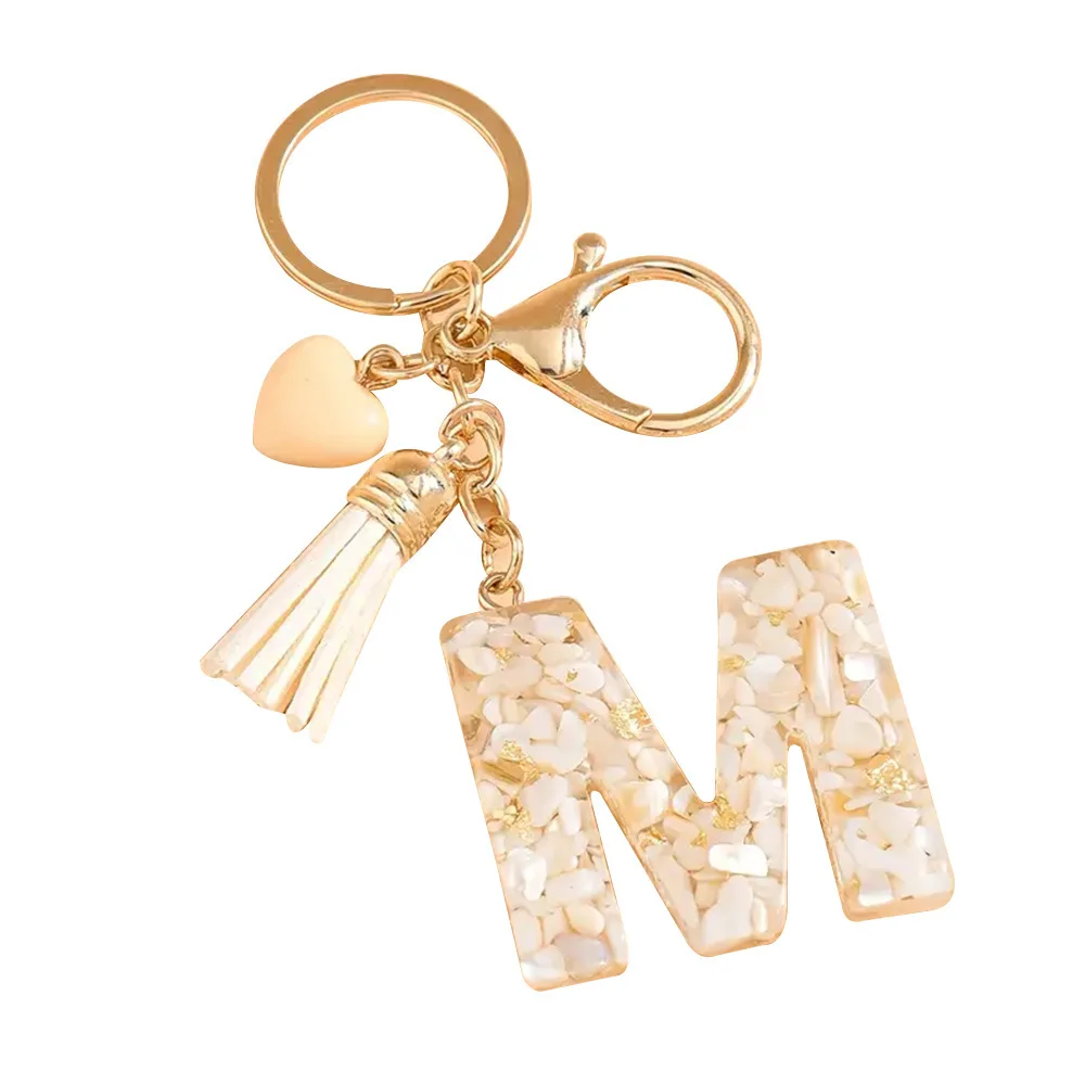 Porte-clés 26 initiales de couleur crème, pendentif pompon en forme de cœur mignon, porte-clés avec lettres pour femmes et filles, sac à main, bijoux, bibelot de voiture