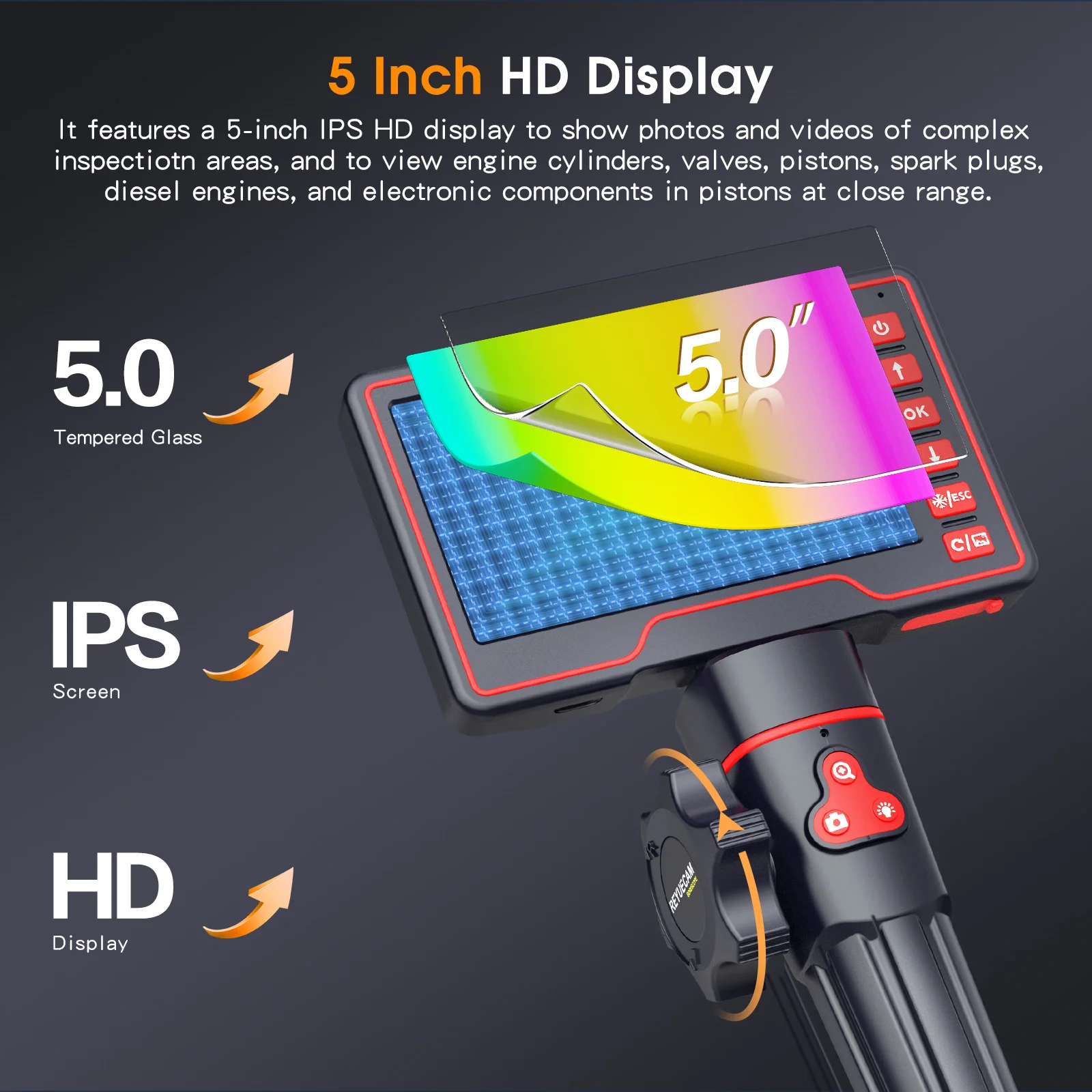REYUECAM PLX 5.0 Inch IPS Screen Two Way 360° Articulating Borescope 5.5mm Lens Endoscope Camera 1m Elastic Tube