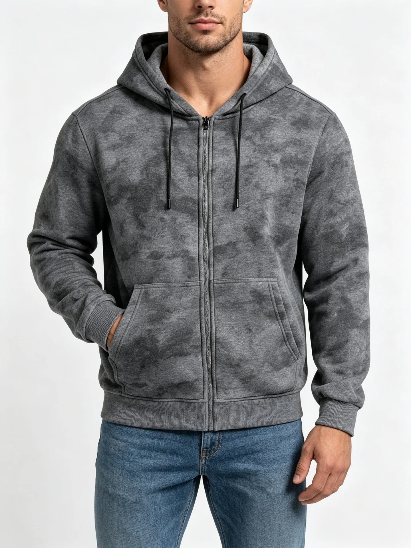Men Tie Dye Zip Up Hoodie Heavyweight Full Zip Hooded Sweatshirt European High Street Loose Streetwear Autumn Casual Outerwear J