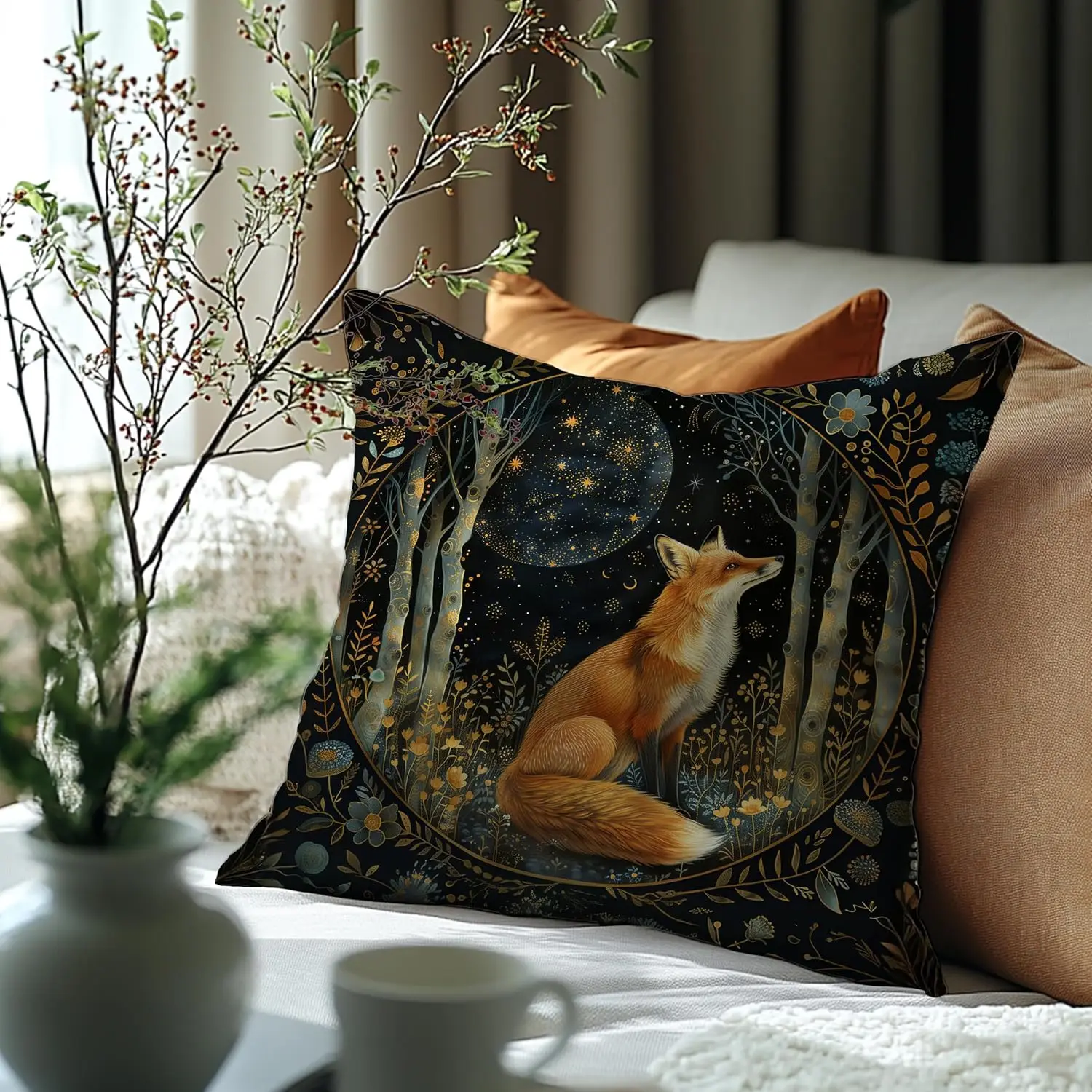 Boho Forest Fox Celestial Moon Pillowcase 18x18 Inch Woodland Wildlife Starry Night Boho Animal Print Cushion Cover