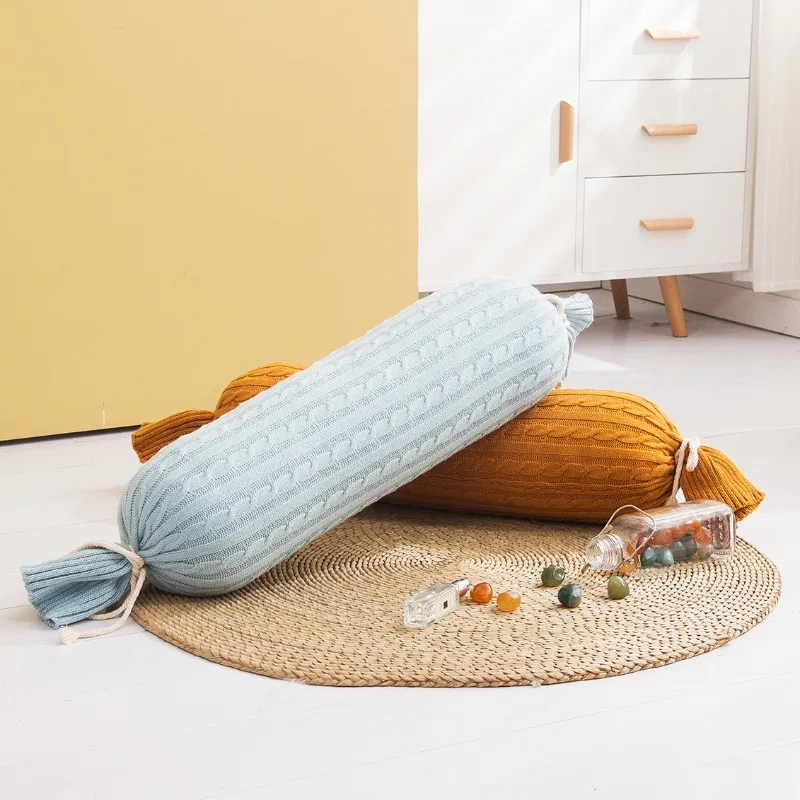 Cable Knit Candy Bolster Pillow Polyester Long Strip Cylinder Cushion Decorative Sofa Bed Leg Support Throw Pillow Home Decor