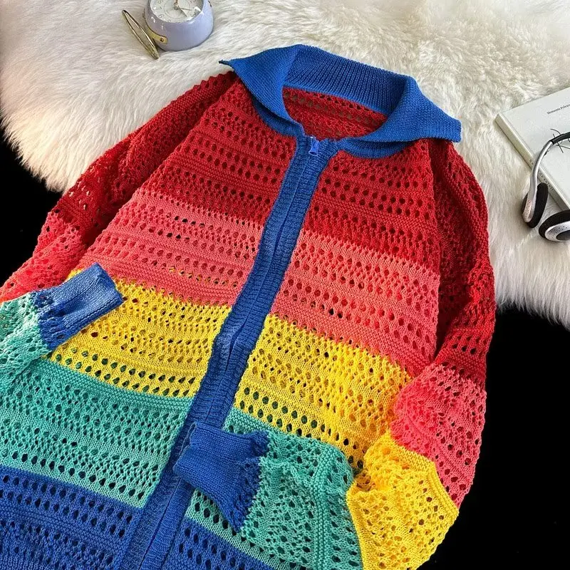 

American Retro Large Size 250 Pou Rainbow Striped Hollow Zipper Open Cardigan Knitted Sweater Loose Fit Autumn Winter Men'...