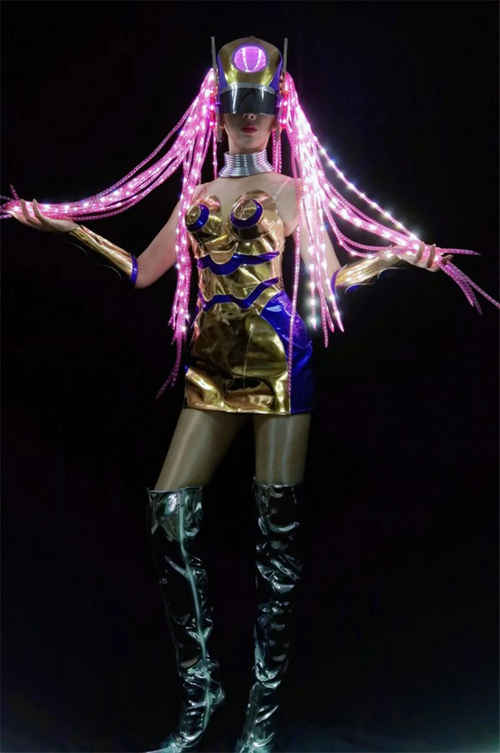 Technologie Sense LED chapeaux Punk or robe à épaules dénudées discothèque Gogo danse vêtements Drag Queen Costume Rave tenue yj414