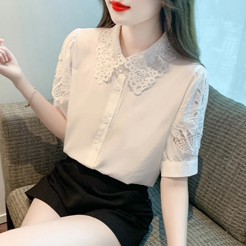 White Hollow Out Office Shirts for Women Short Sleeve Slim Korean Fashion Y2k Clothes Casual Elegant Ladies Tops and Blouses