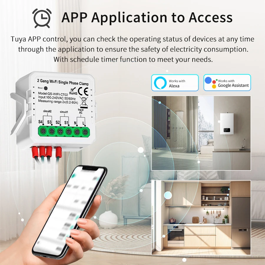 Tuya Smart Wifi Energy Meter Current Sensor Statistician for Solar PV System Home Power Monitor 110-240V 80A Single Phase Clamp
