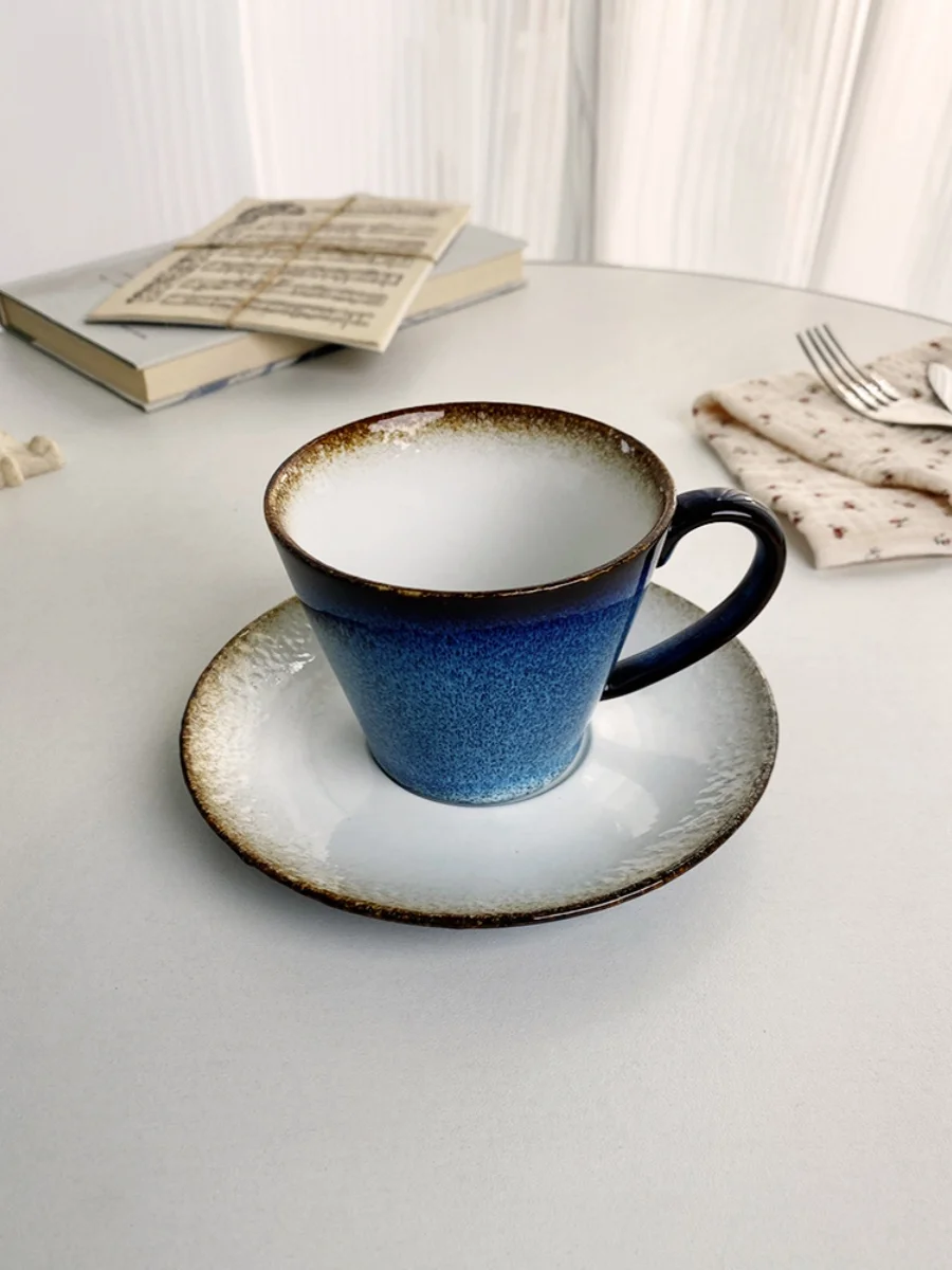 200ml Kiln Transformation Coffee Cup And Plate Set Ceramic Home Blue Drinking Cup Japanese Vintage Afternoon Tea Milk Cup Dish