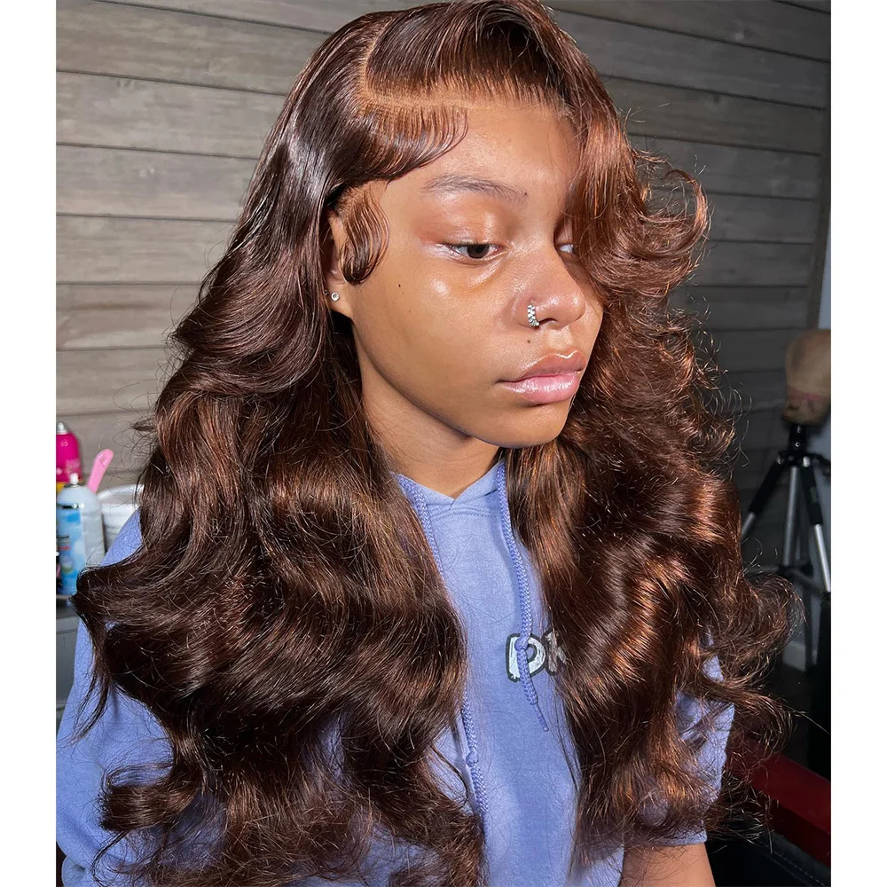 Linhua Chocolate Brown Colored Body Wave 13x4 Transparent Lace Wigs Remy 12A 13x6 Lace Frontal Wig Preplucked 4x4/5x5 Lace Wig