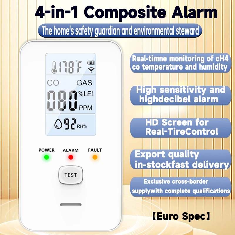 

Многофункциональный домашний охранный сигнализатор 4-в-1: детектор газа, сигнализация угарного газа, датчик метана, монитор температуры и влажности