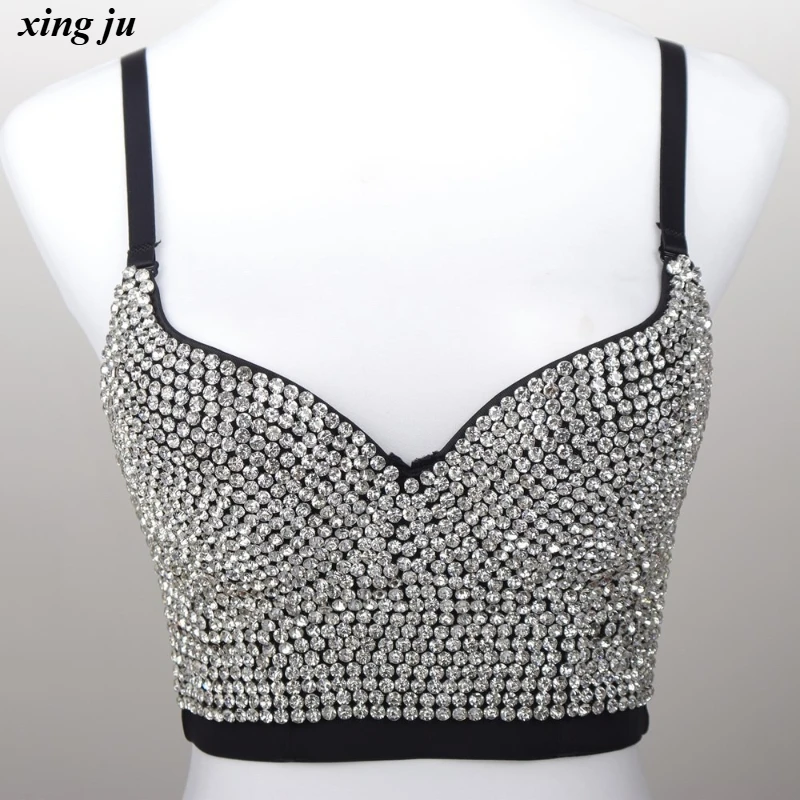 شينغ جو حفلة أنثى الهيب هوب حجر الراين عارية الذراعين سترة قصيرة المرأة ملابس رقص الجاز مثير فتاة ساخنة الرسن القمم المغني المرحلة ارتداء #1