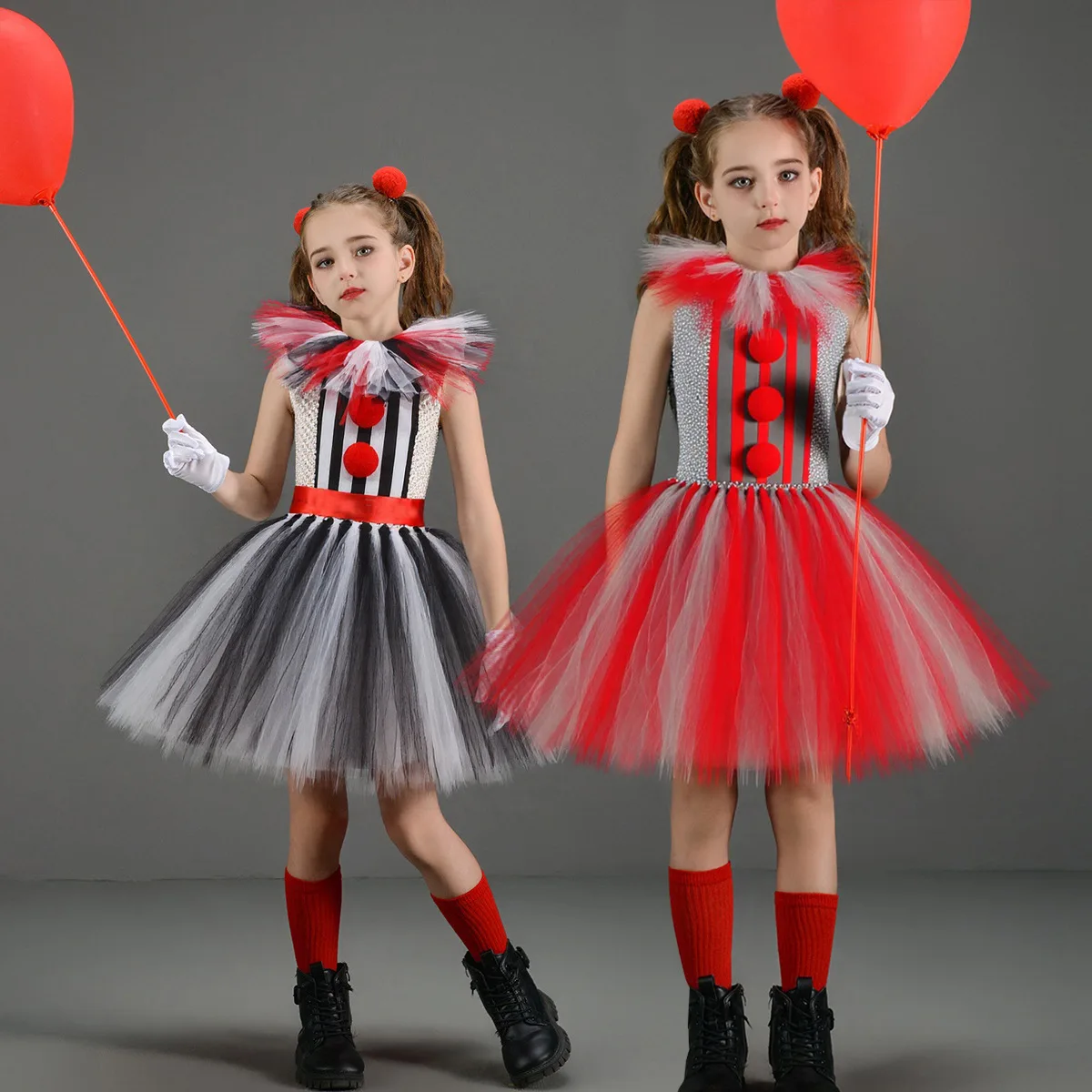 2025 New Striped Clown Costume for Kids Halloween Party Dress with Puffy Skirt Black Red Girls Cosplay Outfit