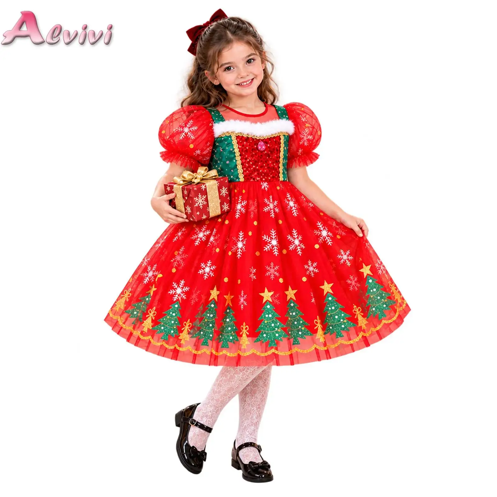 Kids Girls Christmas Costume Short Puff Sleeve Sequin Bow Snowflake Tree Printed Tulle Tutu Dress for Xmas Event Performance