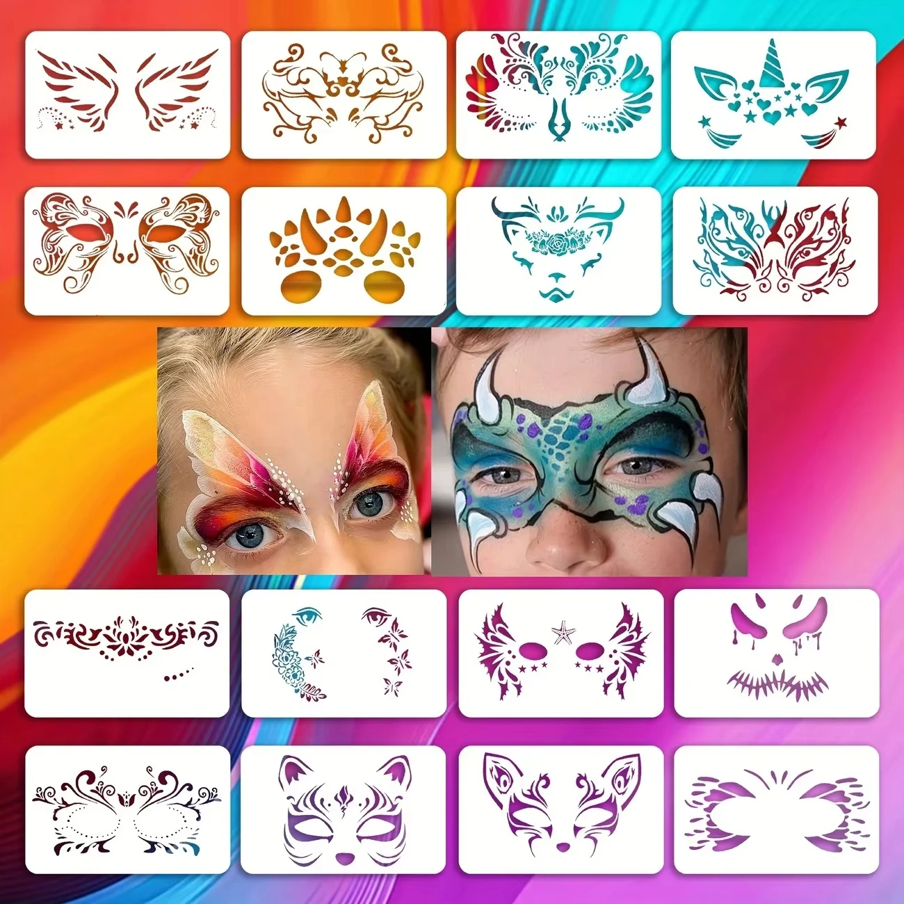 

16 шт. многоразовые трафареты для рисования лица из ПЭТ, разные конструкции для макияжа «сделай сам», костюмные вечеринки, моющиеся трафареты для рисования