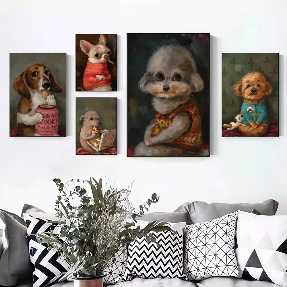 Funny Cute Dog Oil Paintings Peelable Self-adhesive Poster Stickers Are Suitable For Frameless Wall
