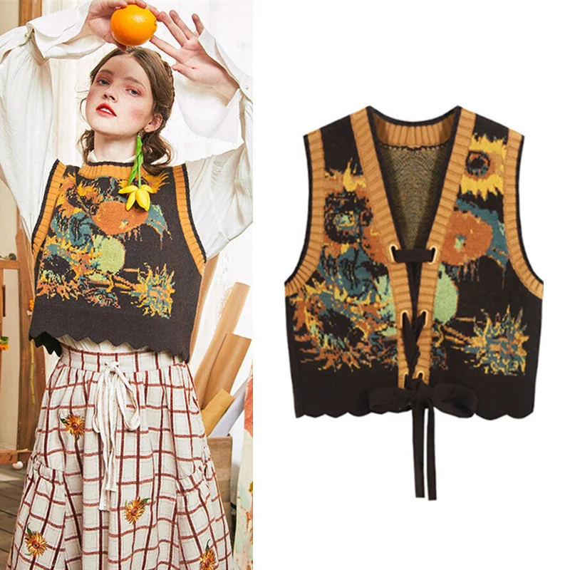 2 Wearing Women's Sleeveless Sweaters Ladies Jumper Knitted Tops Vintage Flowers Lace Up Pullovers Ladies Sweaters Vests NS893