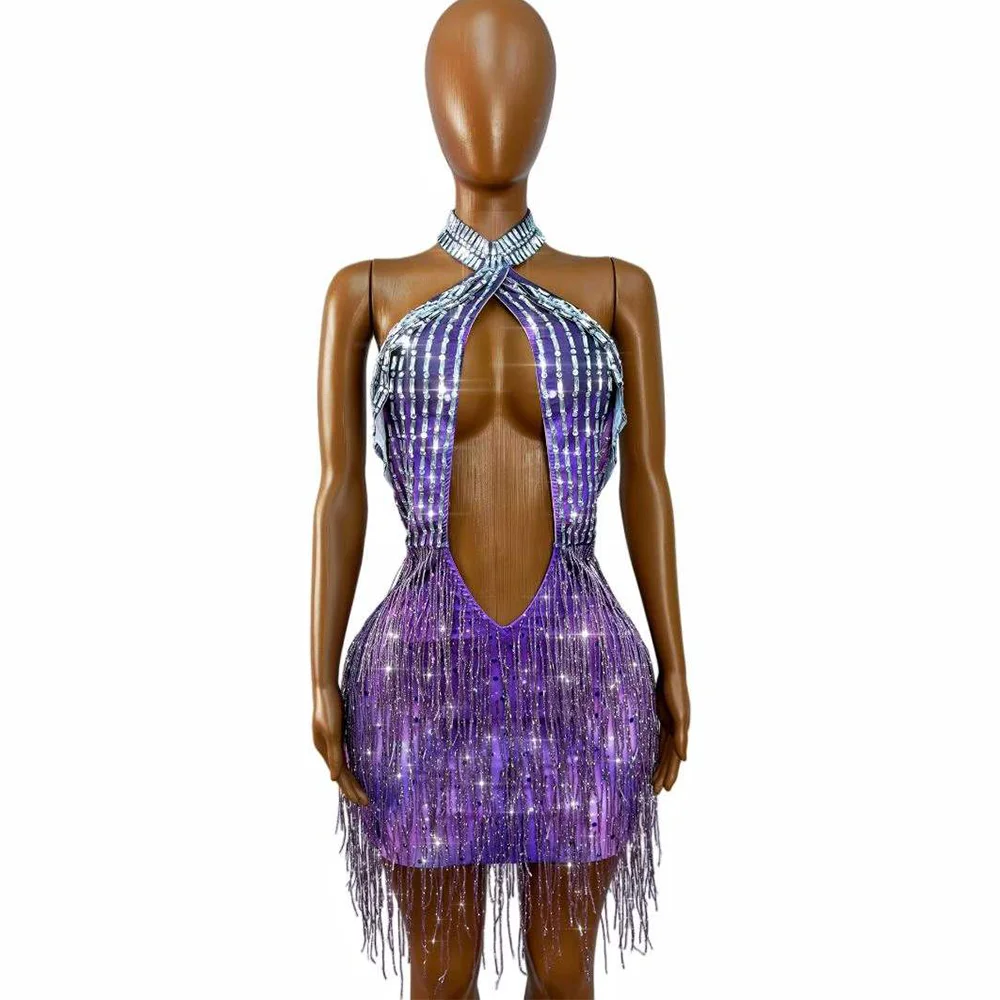 Luxury Sexy Hollow out Twinkling Rhinestones Tassels Backless Dress Party Evening Outfit Red carpet Show Stage Costume