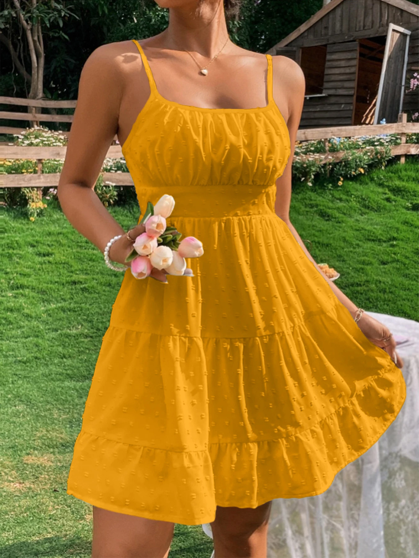 Einfarbiges Sommerkleid für Damen, modisches, sexy, ärmelloses Kleid mit Spaghettiträgern und geraffter Taille