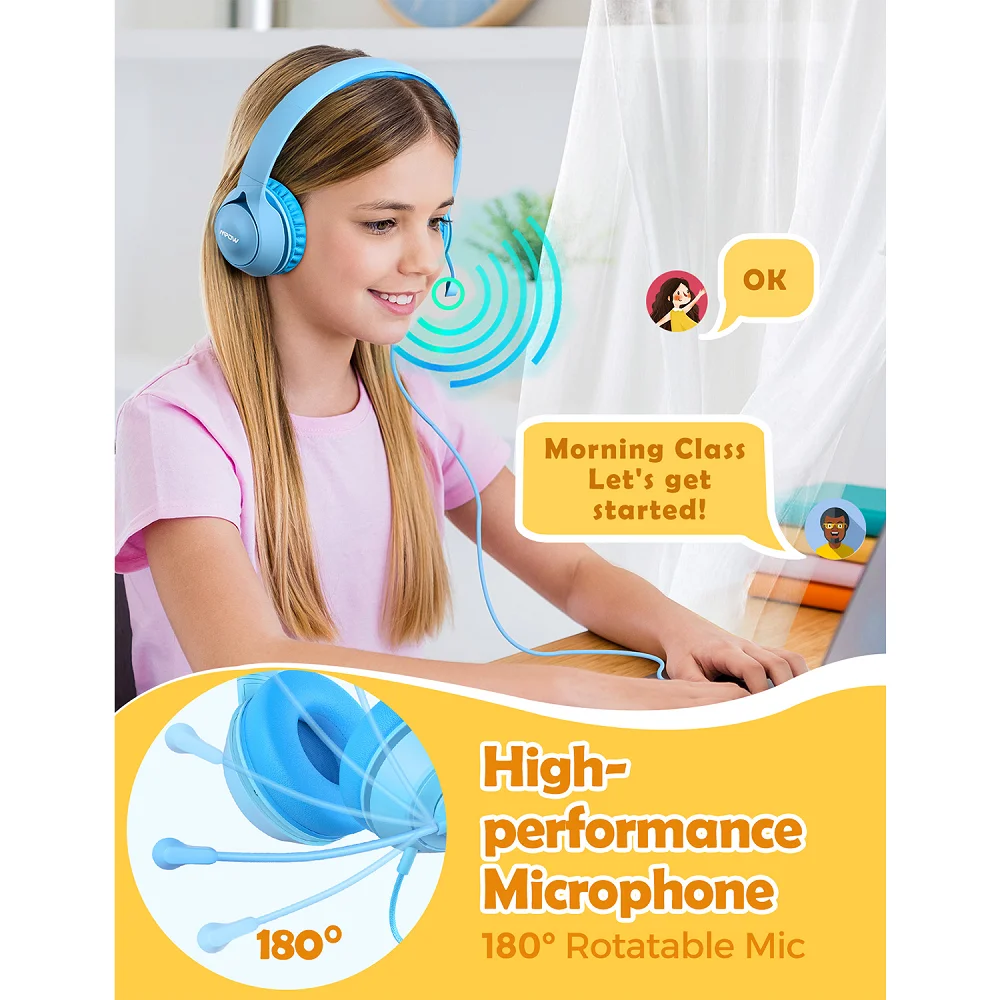 Mpow LH1 Kids Headphones with Microphone,Safe Volume Limiter 94dB,3.5mm Jack On-Ear Headset for Children Teens Girls Boys School