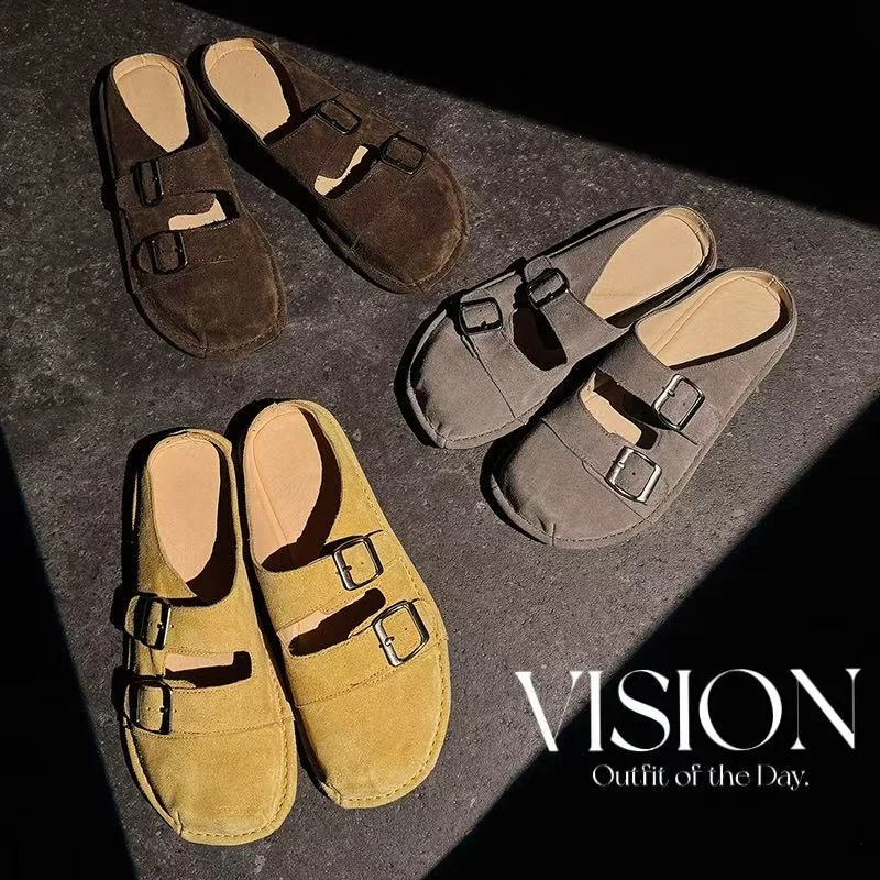2026 new summer women sandals natural leather 22-24.5cm cow suede+pigskin round toe buckle mules women shoes half slipper