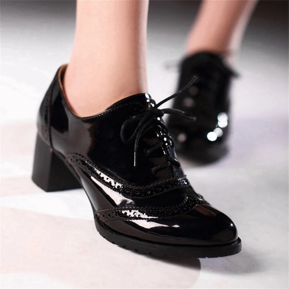 Big Size 34-43 Brand New Female Lace-up Oxfords Pumps Fashion Thick High Heels women's Pumps Party Office Retro Woman Shoes