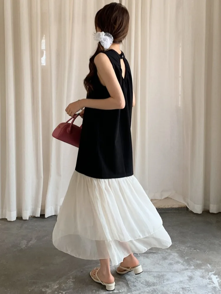 

Ele Color Blo Me Vest Dr Women's Summer New Sle Retro Ba Hollow Long Skirt Breathable Comfortable Svel Gown