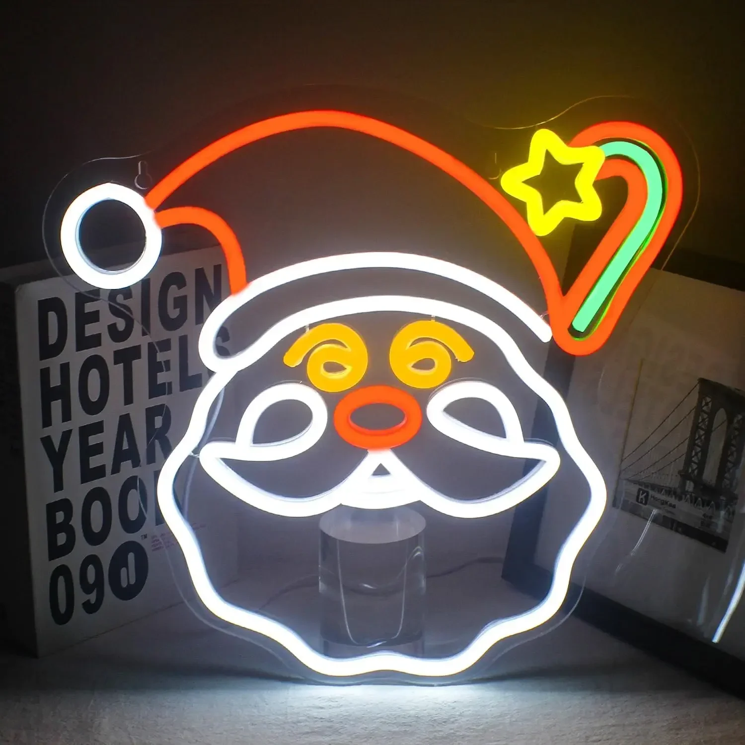 Santa Face Hat Star Neon Sign Orange White Yellow Green LED Wall Art Acrylic USB Powered Dimmable Light Decor for Xmas