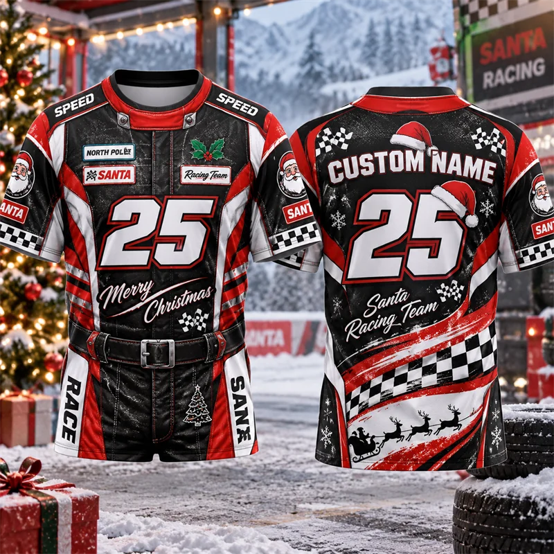 Custom Name Number Christmas Racing T Shirt Men Santa Racer Checkered Flag Short Sleeve Xmas Motorsport Holiday Streetwear Top