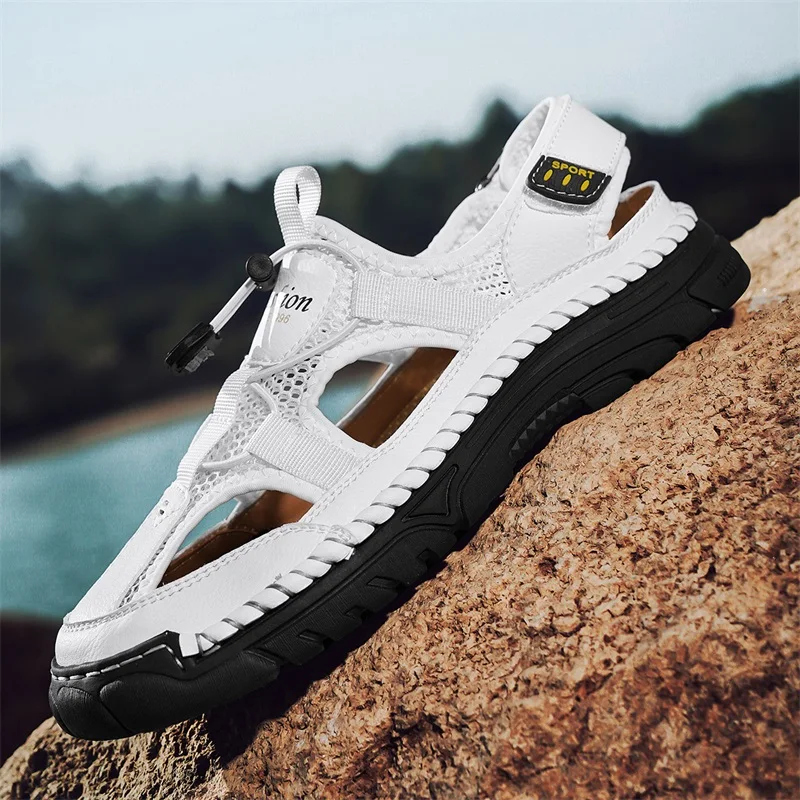 Men's Handmade Simple Letter-Print Sandals, Summer Beach Hollow Sandals, Fashionable Velcro Men's Shoes, Outdoor Hiking and River-Tracing Shoes, Comfortable, Breathable, Wear-Resistant, Non-Slip, Large Size Men's Shoes