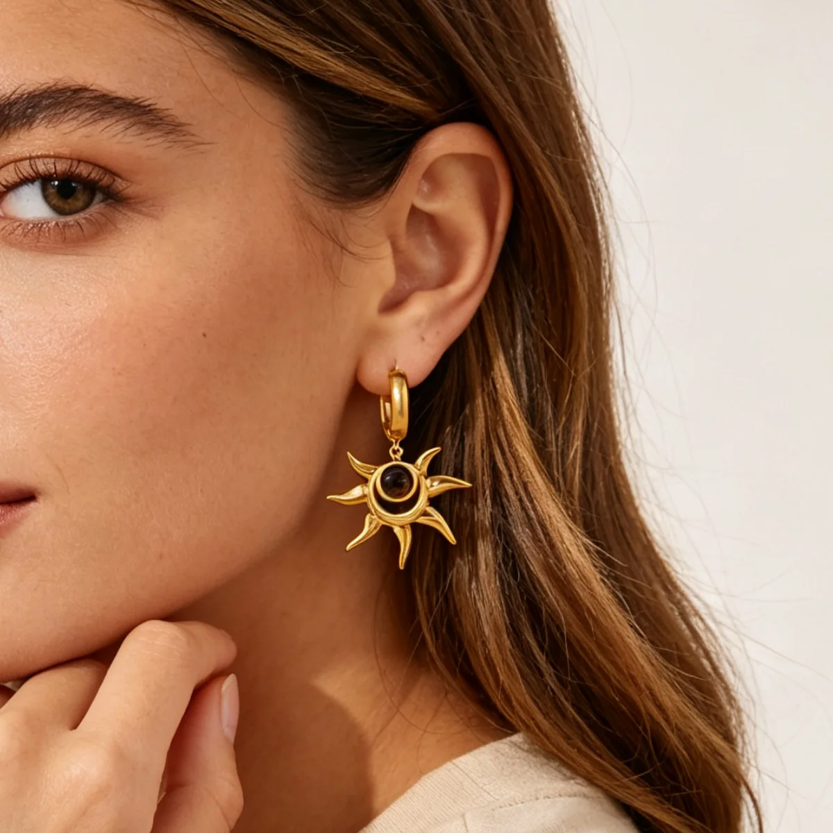 Vintage Sunburst Imitationsperlen-Ohrhänger für Damen, goldfarben, Edelstahl, Creolen, hängende Ohrringe, Schmuck – Detail 1