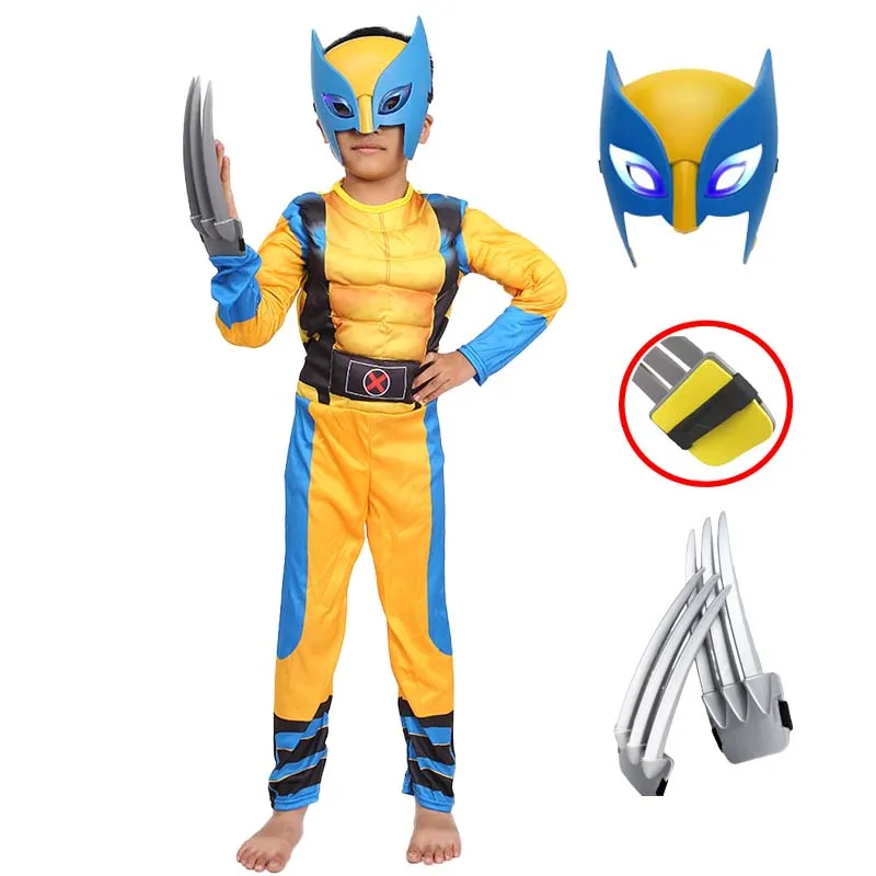 Wolverine Cosplay fantasia para meninos, Macacão, Super-herói de filme, Interpretação, Máscara de Luxo, Bodysuit, Garra de lobo, Halloween, Conjunto Fantasia Natal