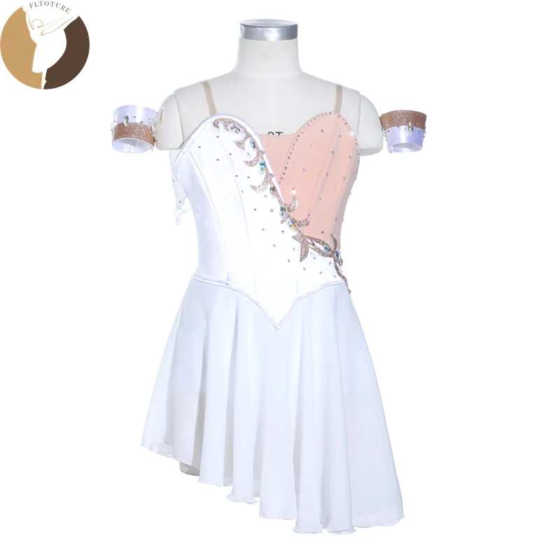 FLTOTURE Girls Classical Elasticity White Satin Cupid Dancewear Ballet Variation 2 Layers Chiffon Short Dress Talisman Costume