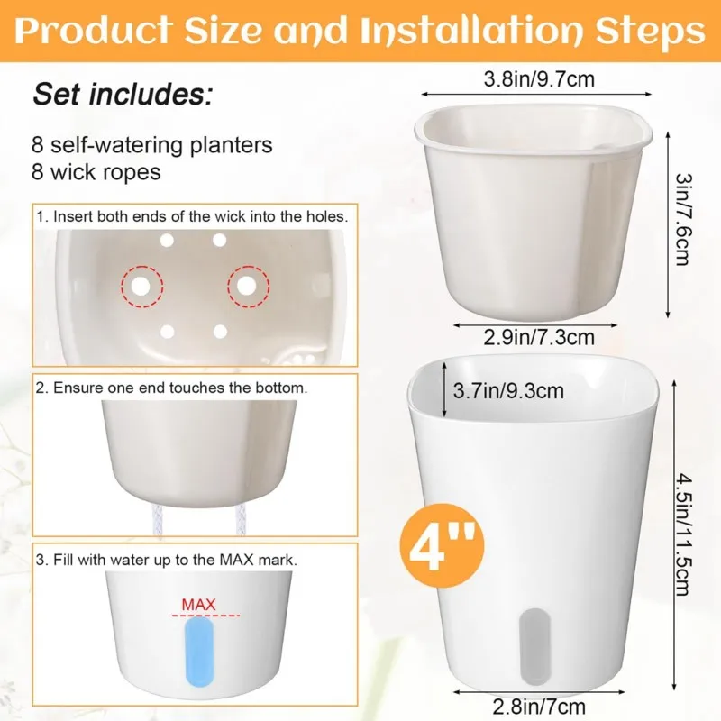 

Самополивающиеся кашпо A92P с 8 комплектами по 4 дюйма, индикатором уровня воды и вентиляционными отверстиями для всех комнатных растений и цветов.