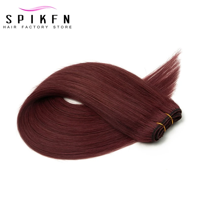 Straight Borgonha Cabelo Humano Pacotes de Extensão, Real Natural, Costura em Trama, Vinho Vermelho, Trama Dupla, 50g, 12 "-24"