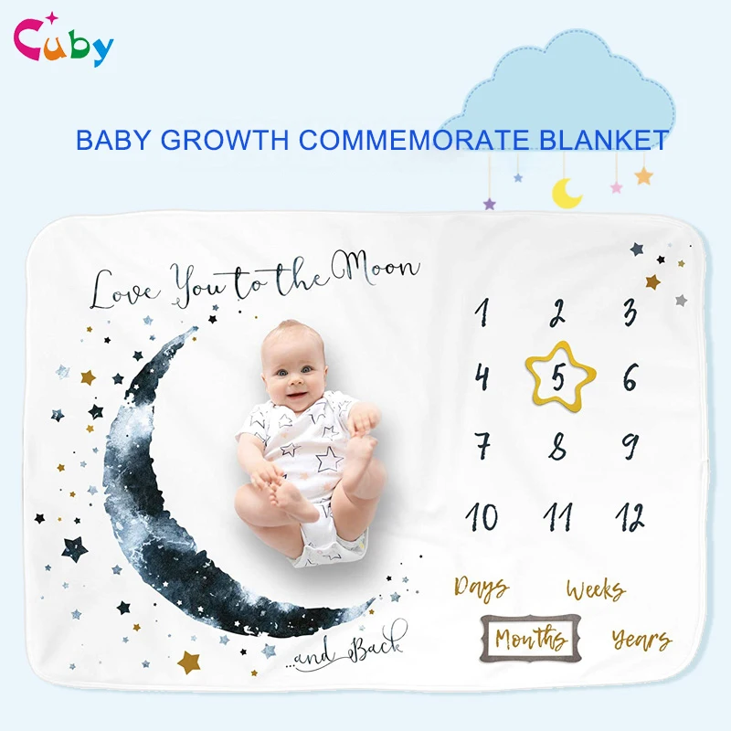 CUBY Flannel Baby Milestone Blanket 140*100CM Baby Monthly Blanket Baby Photography Blanket Props Moon Stars Newborn Photo Prop