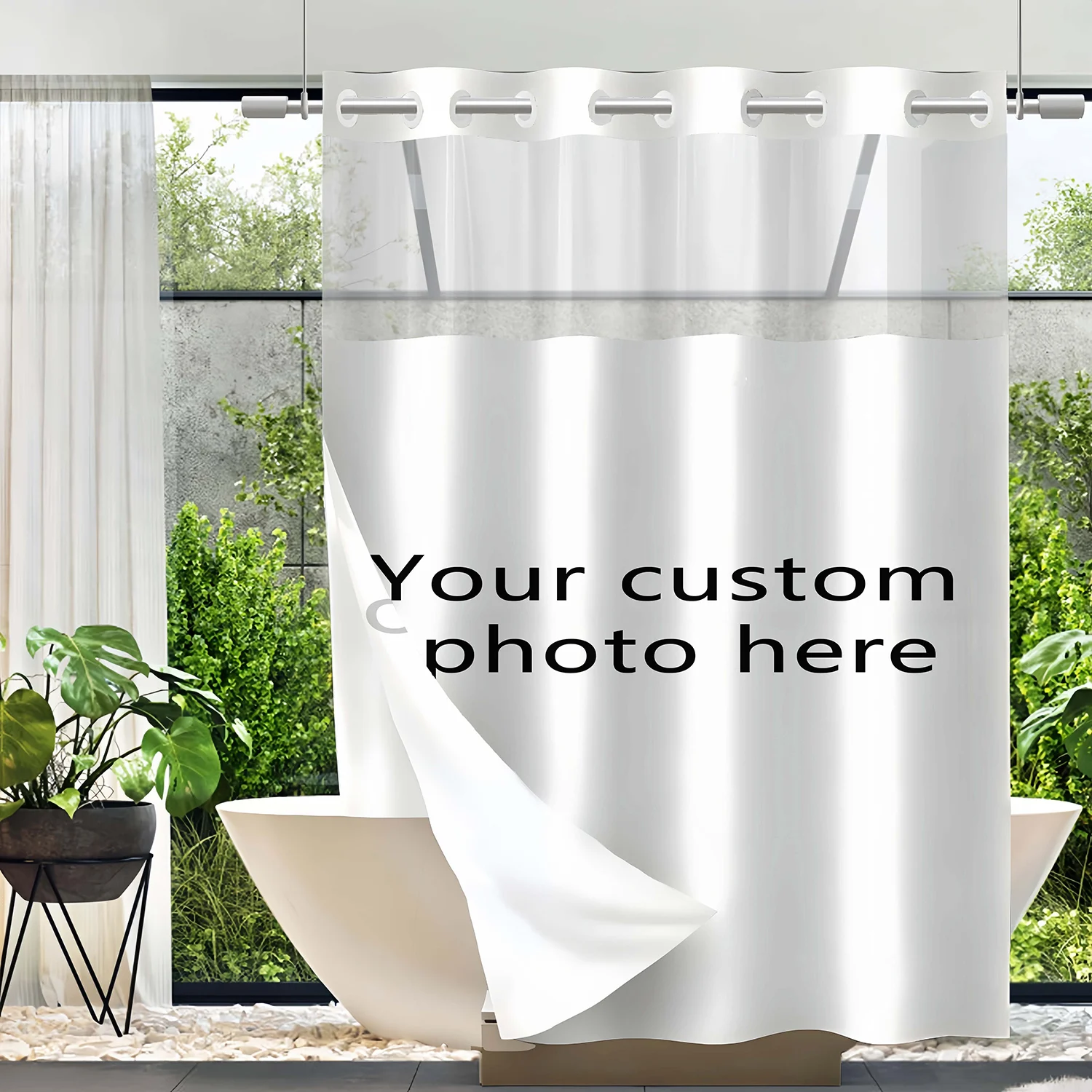 Personalized Dual-Layer Shower Curtain, Custom Image Printed Waterproof Hookless Design, Easy Install Rustic Bathroom Decor