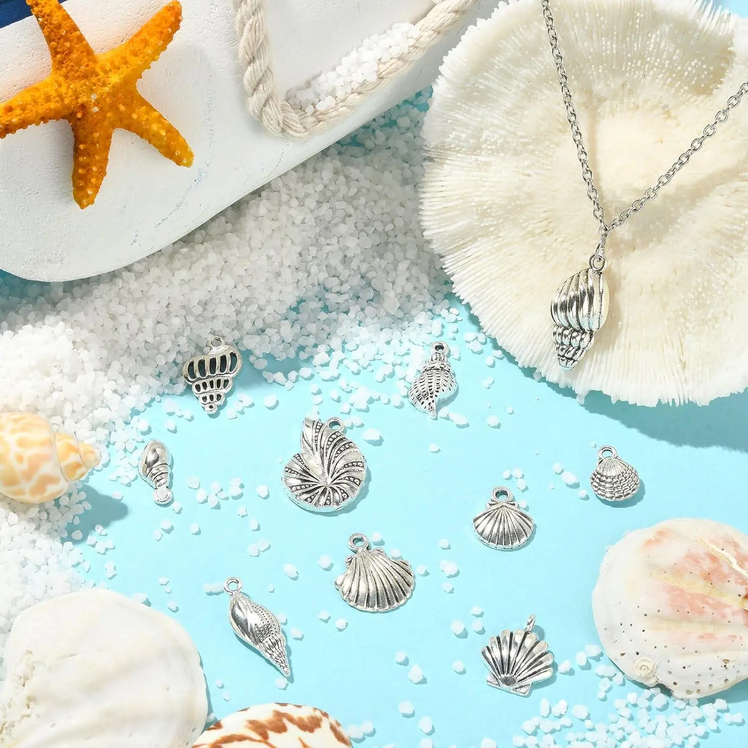 18pcs Mixed Tibetan Silver Assorted Seashells Charms Alloy Metal Ocean Life Seafish Pendants For DIY Jewelry Making