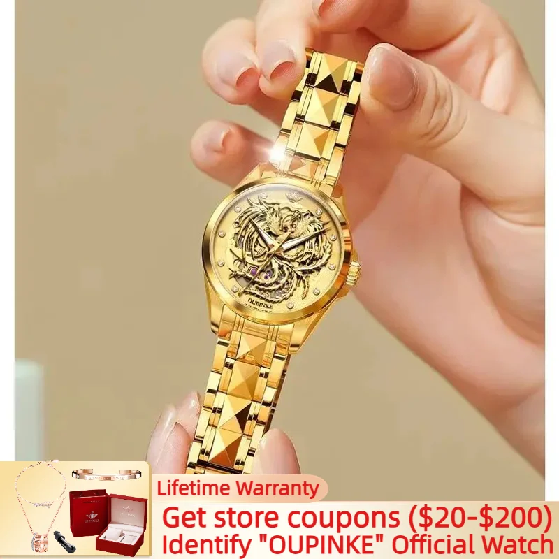 

OUPINKE Women's Watches Golden Phoenix Hollow Diamonds Dial Automatic Mechanical Watch for Women Sapphire Mirror Wristwatches