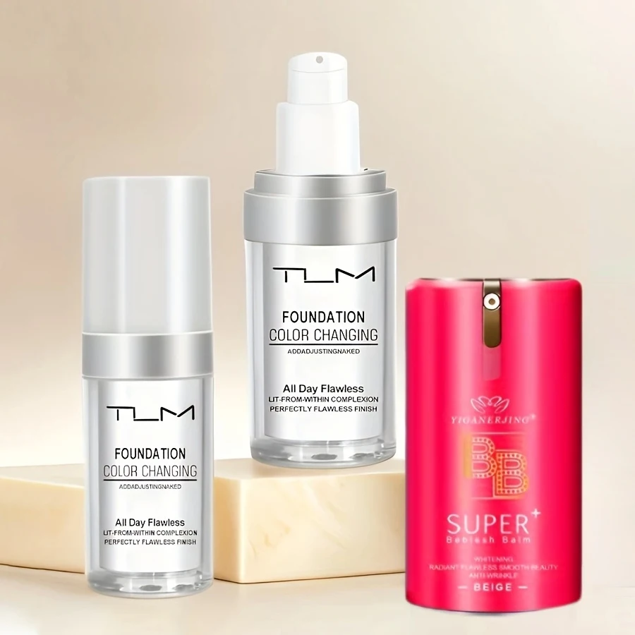 3Pc TLM Foundation Color Changing Makeup Long Lasting Oil Control Sunscreen Waterproof Easy Apply Liquid Foundation Cream