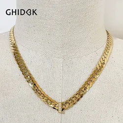 GHIDBK Stainless Steel 18K Gold Plated Flat Thick Curb Chain Choker Necklace with Cz Bar Charm Chunky Wide Link Chain Jewelry