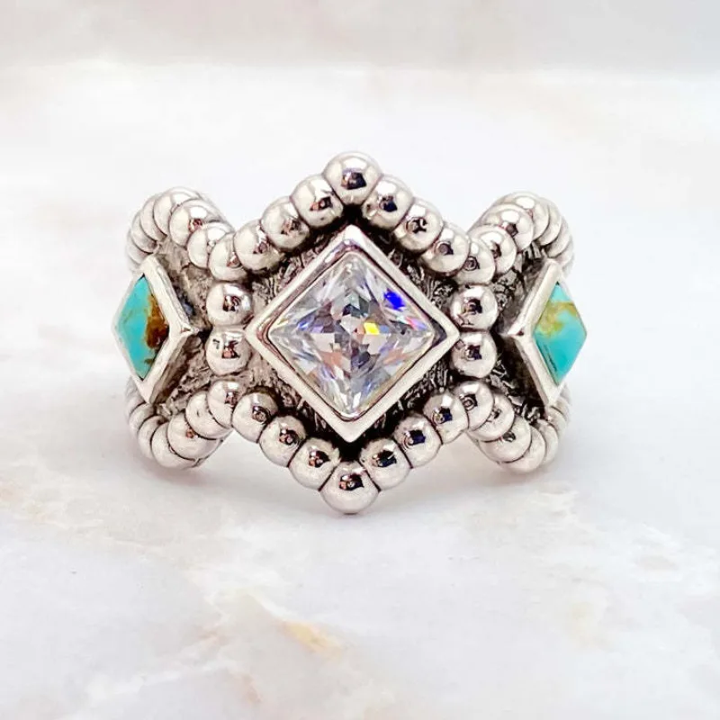 

Antique Silvery Turquoise Ring Fashionable Women's Engagement and Proposal Ring Rhinestone Ring