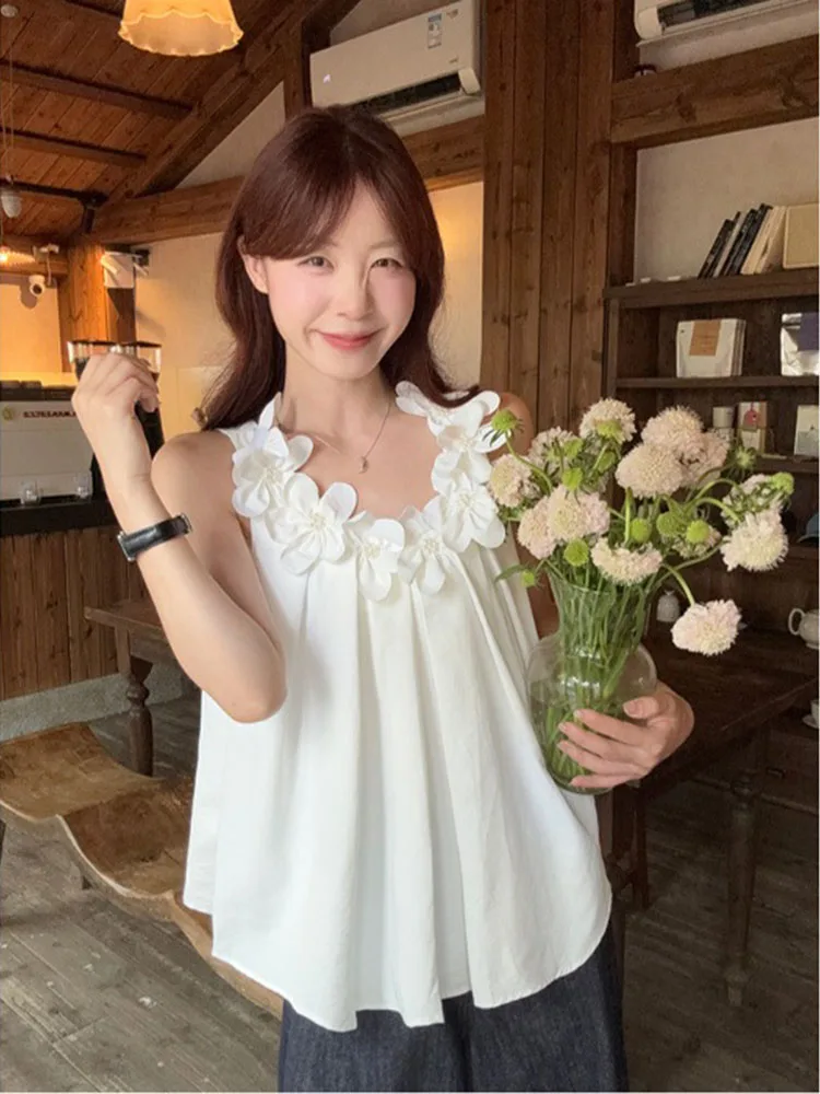 

Женский летний новый стильный свободный топ с открытой спиной для отпуска, жилет без рукавов во французском стиле для тяжелой промышленности с объемным цветком