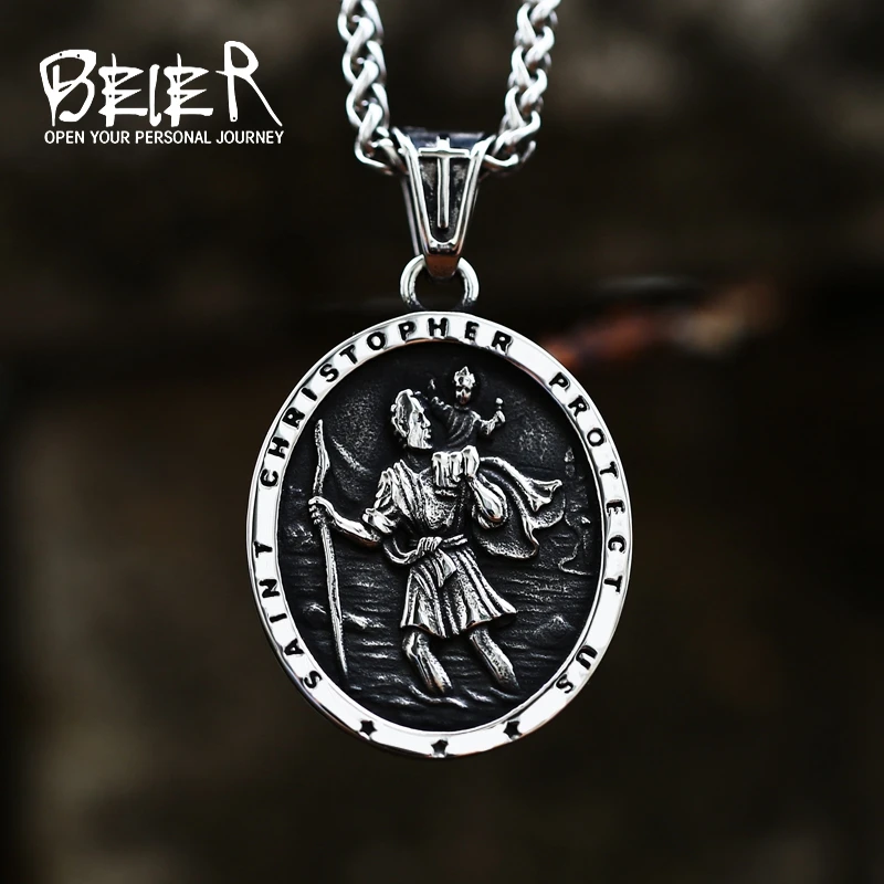 BEIER St Christopher Men's Stainless Steel Patron Saint Of Time Travelers Pendant Chain Necklace Jewelry BP8-856