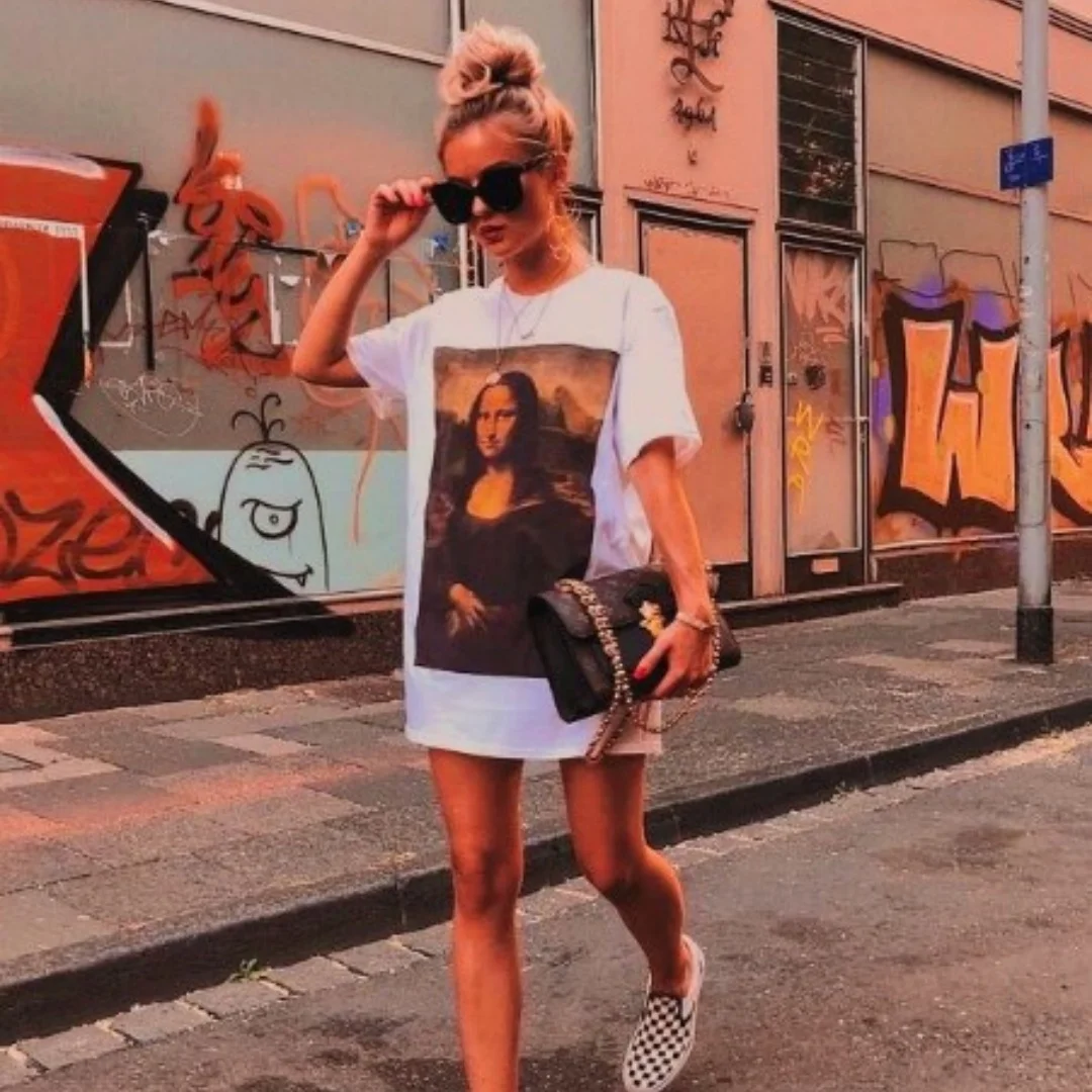 

Fashionable high-quality cotton Mona Lisa casual pattern short sleeved women's T-shirt neutral casual street oversized T-shirt