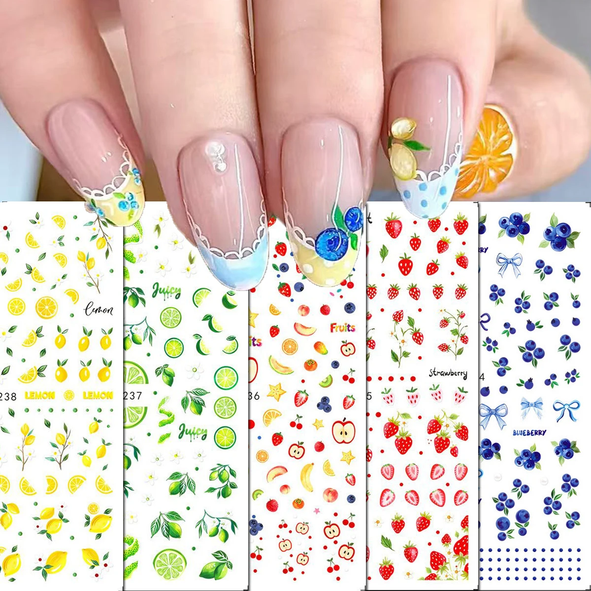 1pcs Summer Fruits French Dots Lemon Blueberry Apple Strawberry 3d Nail Art Decals Nails Stickers Decoration Nail Tips Beauty