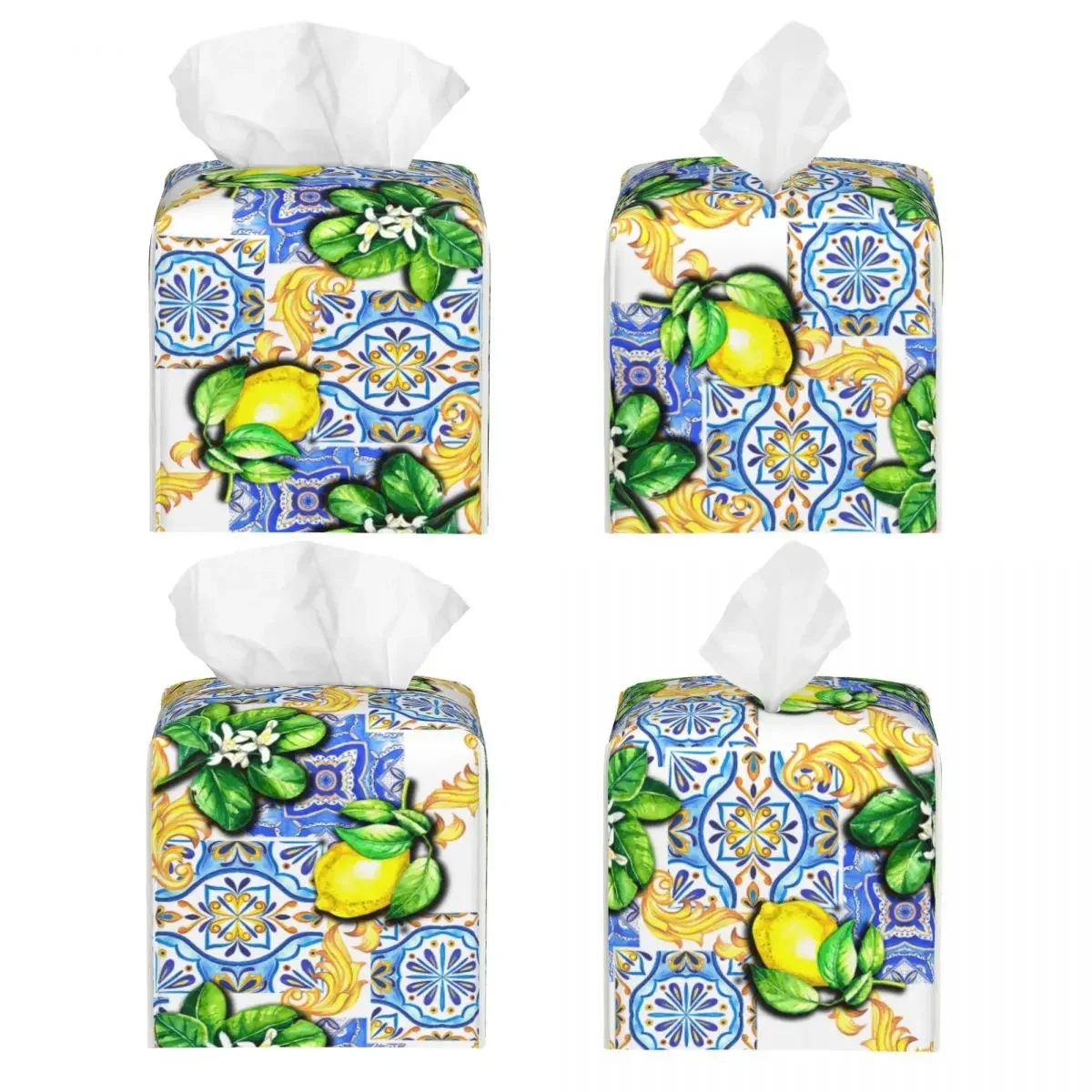 Custom Mediterranean Tiles Summer Fruit Lemons Facial Tissue Box Cover Square PU Leather Tissue Box Holder for Car Office