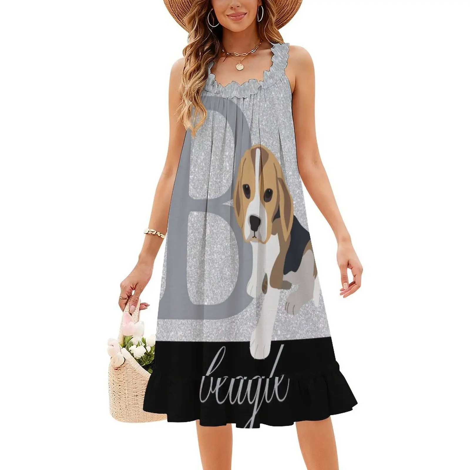 B مخصص لبيغل كارتون جرو الكلب مع بريق الفضة المرأة فستان حفلة أنيقة فستان على شكل حرف a مع قصير/طويل/أكمام
