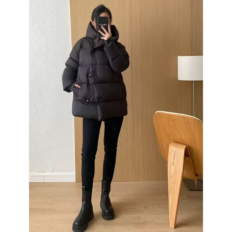 Mid-length Coats for Women, Loose Hooded Outerwear, Feather Coats, Casual and Simple, Korean Fashion, Winter, 2024