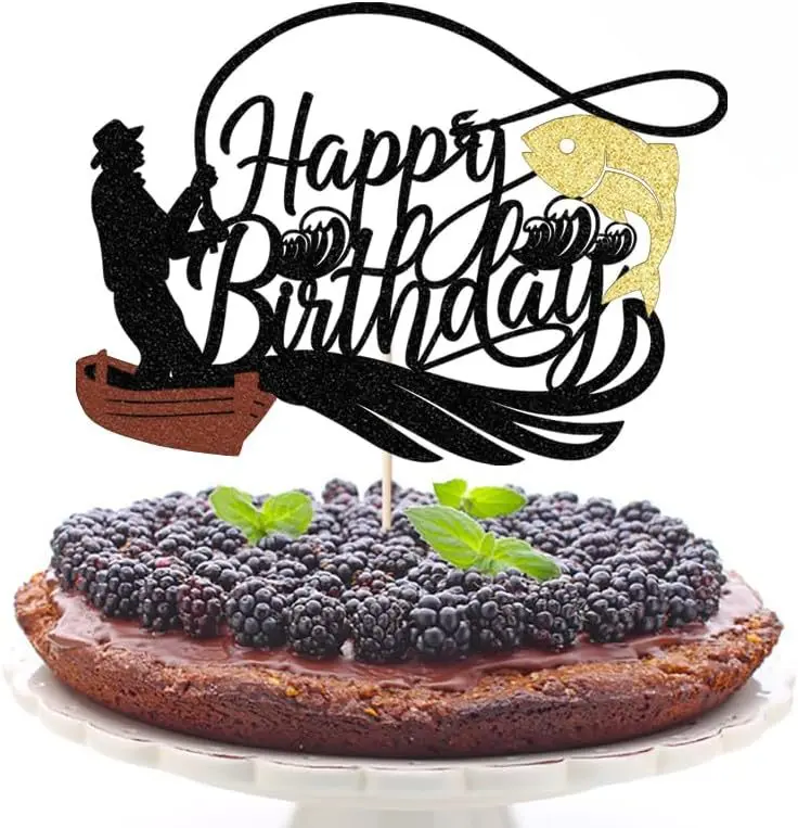 Cake Topper Fish Go Fishing Fisherman Fisher Boat Man Happy Birthaday Kids Party Cupcake Toppers Decoration Baking Supplies DIY